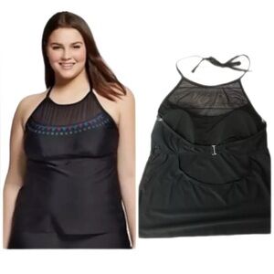 Heart & Harmony Black Sequin Tankini Sheer Flattering Halter Tie